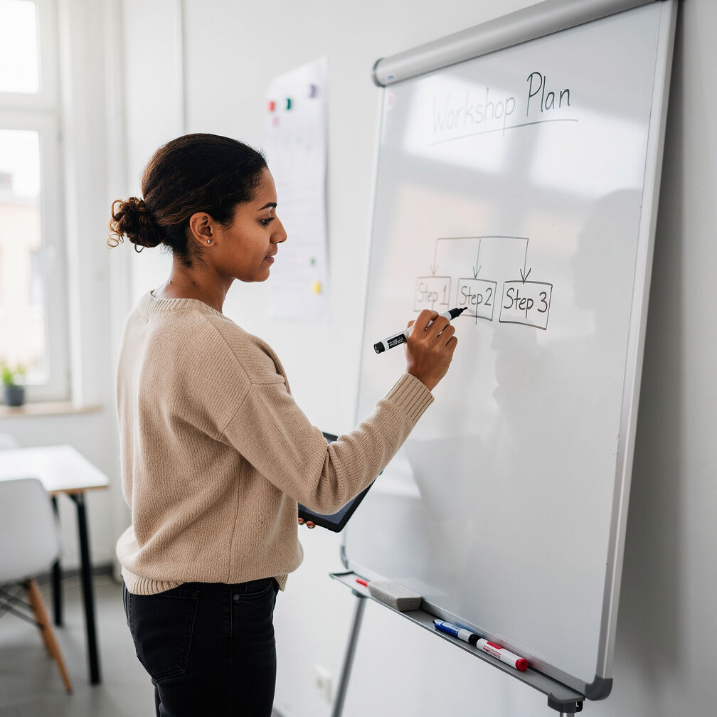 Woman facilitator writing on a whiteboard during a workshop