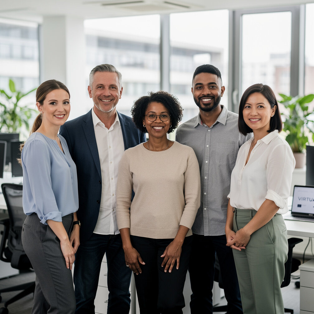 Small organizing team standing together in an office